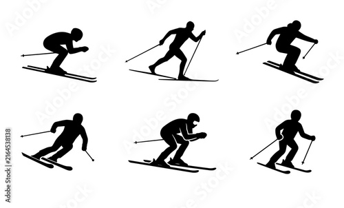 70 Six Silhouette Skiers Vector Set, Dynamic Winter Sports Action Poses, Alpine Snowboarding Athletes, Outdoor Recreation Graphics, Black and White Sport Icons 100