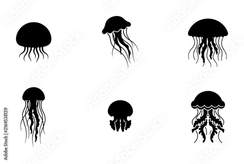 70 Set of Six Black Jellyfish Silhouettes, Marine Life Icons, Ocean Creatures Vector Graphics, Underwater Animal Illustrations 100