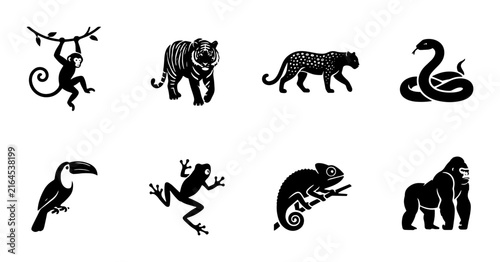 70 Jungle Wildlife Silhouette Icons: Monkey, Tiger, Panther, Snake, Toucan, Frog, Chameleon, Gorilla, Vector Art Collection 100