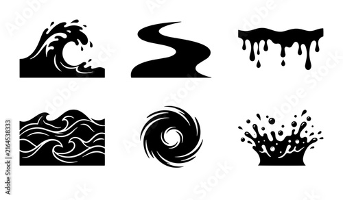 70 Set of 6 Black Water Icons: Waves, River, Drips, Splash, and Swirl, Vector Graphics for Nature and Liquid Concepts 100