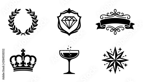 70 Elegant Emblem Set: Laurel Wreath, Diamond Shield, Ribbon Banner, Royal Crown, Champagne Glass, Starburst Icon Collection 100
