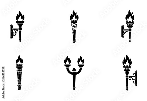 70 Set of Six Black Torch Icons, Vector Graphics for Illumination and Guidance Concepts, Classic Fixture Designs 100