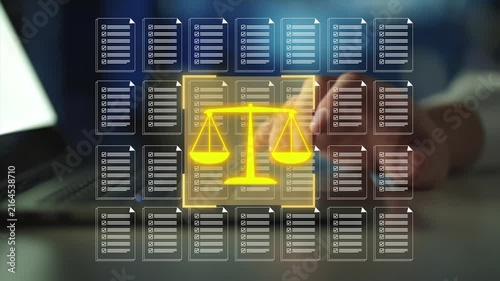 Legal compliance document review uses digital checklists and balanced justice scales. Contract auditing, regulatory analysis, risk management, and secure legal workflow.
