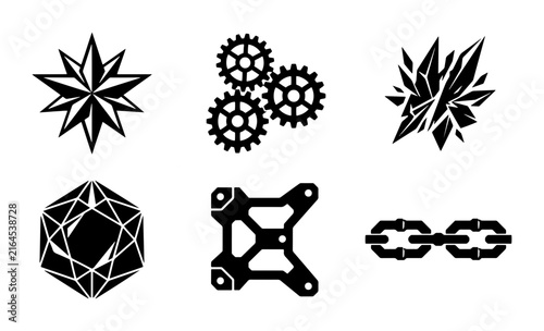 70 Geometric Icons Set: Starburst, Gears, Crystals, Gemstone, Bracket, Chain Links. Industrial, Abstract, Tech Vector Graphics. 100