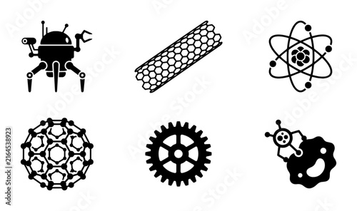 70 Science Icons Set: Nanotechnology, Robotics, Molecular Structures, Atomic Models, Gears, Futuristic Technology Concepts 100