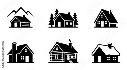 70 Rustic Cabin Icons Set, Mountain Lodge Silhouettes, Forest Dwelling Vector Graphics, Cozy Winter House Symbols, Rural Architecture Collection 100