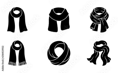 70 Six Black Scarf Icons, Winter Accessory Vector Set, Fashionable Neckwear Graphics, Cold Weather Apparel Collection 100