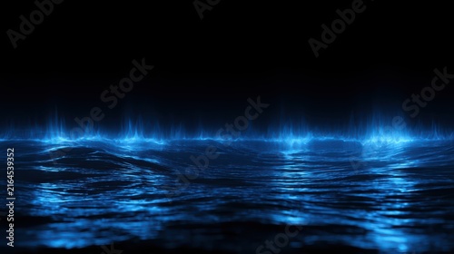 Enigmatic Blue Waves with Ethereal Glow at Night Capturing the Mystique of Oceanic Depths and Tranquil Water Surfaces in a Dark Environment