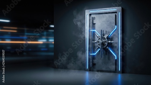 Heavy steel bank vault door with glowing blue neon lights and fog