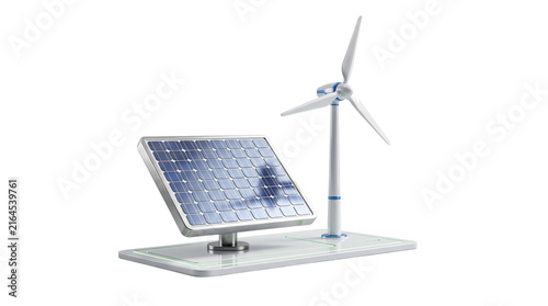Renewable Energy Source: A modern solar panel array sits beside a sleek wind turbine, symbolizing the future of clean, sustainable energy generation.