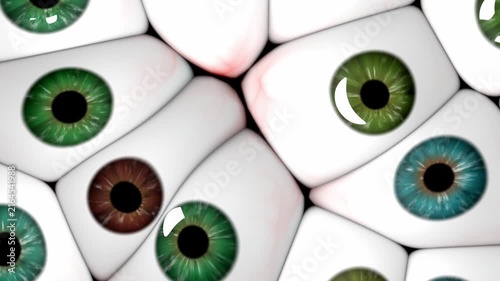 Giant stylized eyeballs blink and look around in an eerie 3D render creating an abstract surreal visual background for club projections and electronic beats