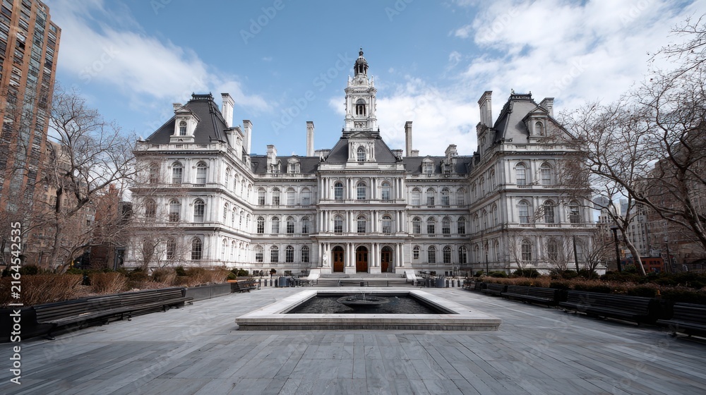 Obraz premium Historic City Hall Building with Fountain and Clear Blue Sky