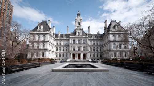 Historic City Hall Building with Fountain and Clear Blue Sky