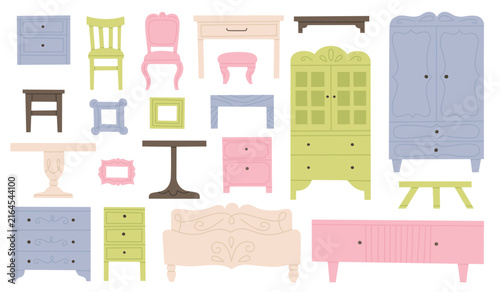 Big furniture vector set. Different interior elements. Illustrations in flat style. 