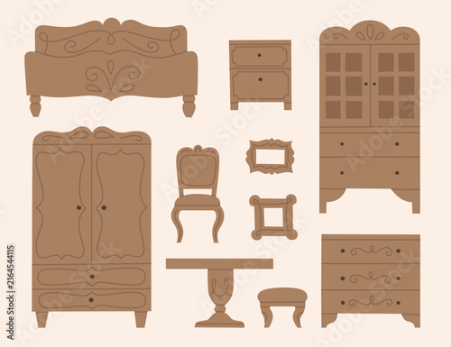Big vintage furniture vector set. Different antique interior elements. Illustrations in flat style. 