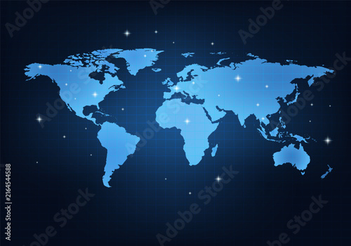 Blue world map with glowing stars and grid