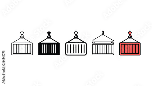 Set of industrial shipping container icons with crane hooks in various graphic styles
