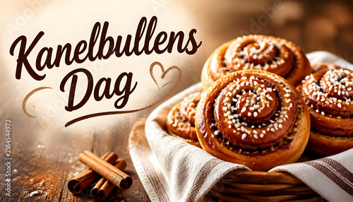 Freshly baked cinnamon rolls in a basket for Cinnamon Bun Day celebration.