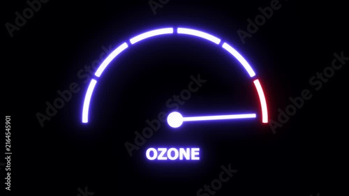 Neon glowing ozone level gauge indicator rising on digital dashboard display, futuristic atmospheric monitoring interface with dynamic light motion for environmental science and climate data analysis