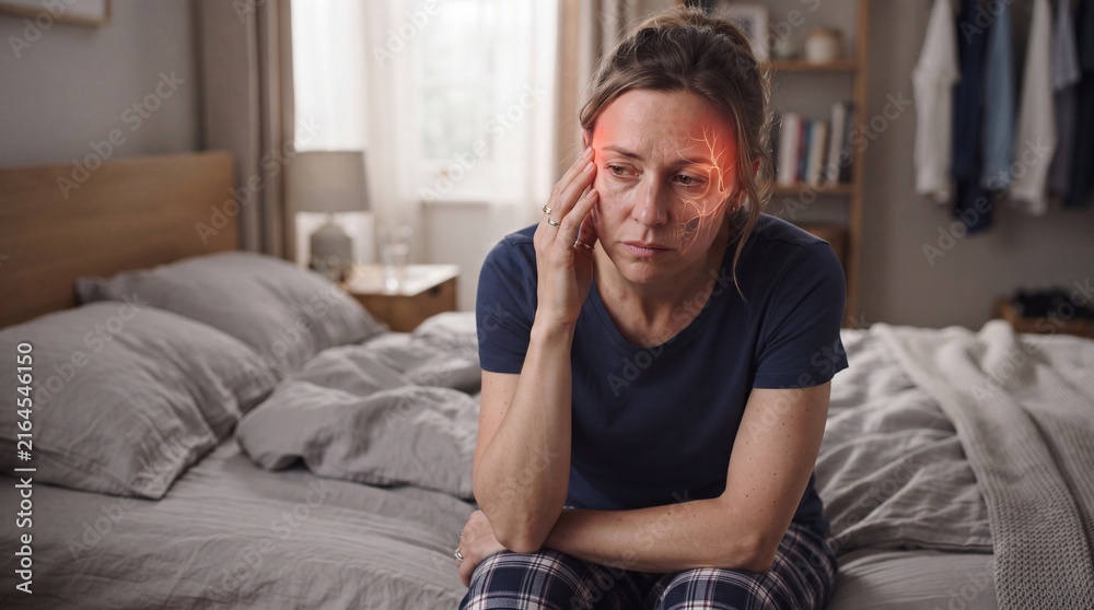 Fototapeta premium Woman experiencing severe headache and migraine pain at home