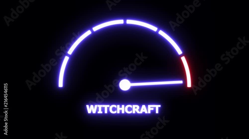 Neon glowing witchcraft speedometer gauge animation featuring pulsing light effects and dynamic needle movement for mystical occult themed digital and supernatural cinematic visual projects