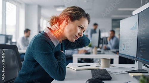 Office worker experiencing neck pain from prolonged computer use