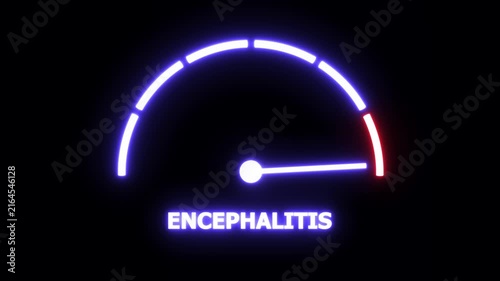 Animated encephalitis risk level gauge meter with glowing neon indicator needle moving toward critical danger zone for medical research, healthcare awareness, neurological disease analysis, and