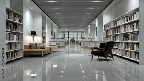 Modern Minimalist Library Interior with Soft Lighting and Shelves