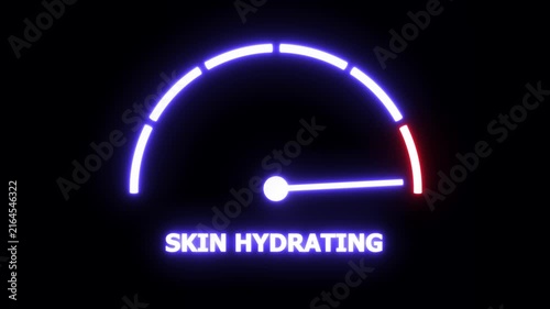 Animated skin hydration level gauge meter with glowing neon interface for beauty, skincare, dermatology, and cosmetic product marketing campaigns, highlighting moisture balance and health metrics