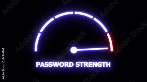 Dynamic neon password strength meter gauge animation featuring a moving indicator needle rising through security levels for cybersecurity, data protection, digital privacy, and online account