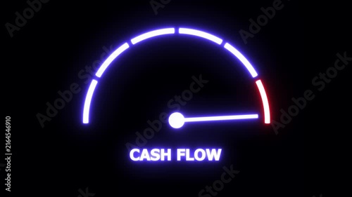 Dynamic neon cash flow gauge animation representing financial growth, business revenue optimization, economic performance metrics, and increasing profitability indicators for corporate data