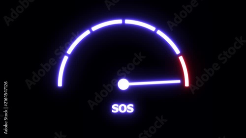 Neon glowing sos emergency gauge indicator with moving needle animation on dark background, digital warning system concept, high-tech alert signal for critical situations and system failure monitoring