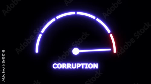 Neon glowing corruption gauge meter animation representing increasing political scandal, corporate fraud, financial malpractice, and ethical decline in a high-contrast digital interface concept