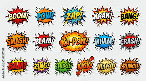 Bild auf Leinwand A vibrant collection of comic book style sound effect speech bubbles and explosion graphics, featuring various onomatopoeia like BOOM, POW, ZAP, and CRASH, perfect for action-packed designs
