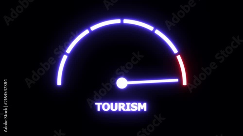 Dynamic neon tourism gauge animation featuring a glowing speedometer needle rising to indicate travel demand and market growth in a modern digital interface style for travel industry presentations