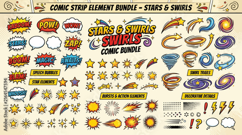 Bild auf Leinwand A comprehensive bundle of comic strip elements featuring speech bubbles, stars, swirls, explosions, and various action effects for graphic design projects