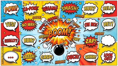 Photography Vibrant comic book style background with various speech bubbles, sound effects like BOOM, POW, and SMASH, and a central bomb explosion