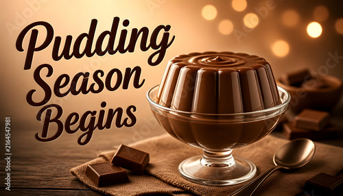 A delicious chocolate pudding dessert served in a glass bowl with text overlay.