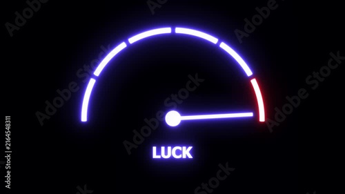 Animated neon luck gauge meter rising to maximum level, glowing digital indicator measuring fortune and probability, high-energy success concept for gaming, gambling, and motivational media