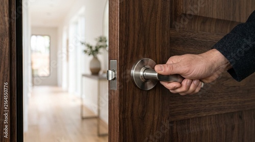 Man's hand opening modern wooden door with silver lever handle at home