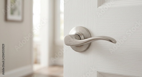 Silver satin nickel door lever handle close-up on white interior door