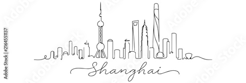 Shanghai Skyline Continuous Line Art with Famous Chinese Landmarks