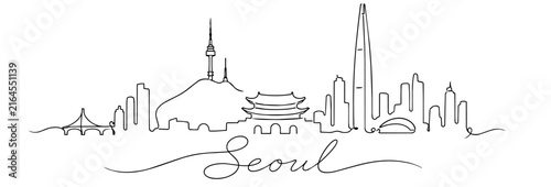 Seoul Skyline Continuous Line Art with Famous South Korean Landmarks