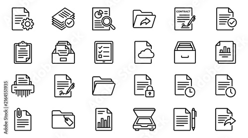 Document Line Icon Set for Office Data Management Storage and Contract Signing
