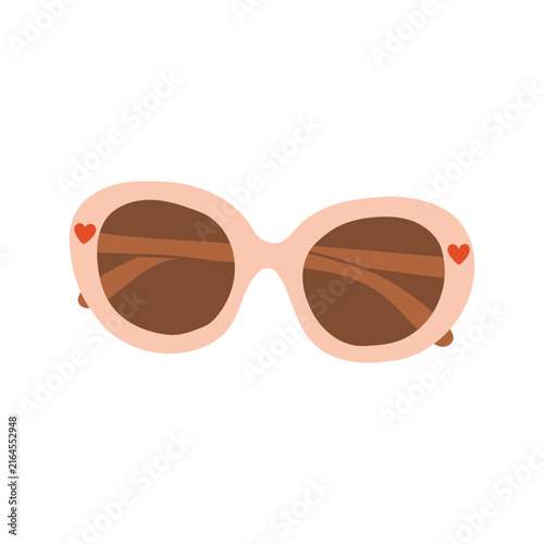 Peach pink oval frame sunglasses with small red heart details vector illustration. Cute summer eyewear isolated on white background