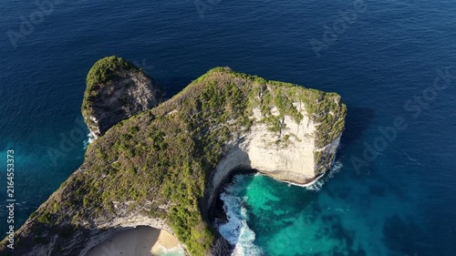 Aerial View of T-Rex Cliff and Hidden Beach, Nusa Penida, Bali.
