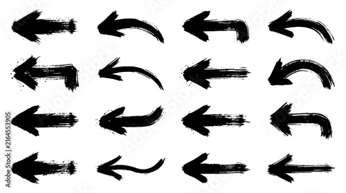 Set of 16 hand painted black grunge arrows pointing left on white background