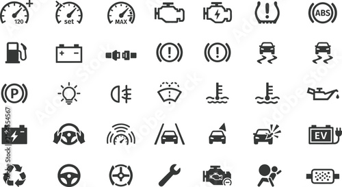 Automotive dashboard and vehicle maintenance icon collection featuring engine, brakes, steering, fuel, battery, safety, electric car, and repair symbols