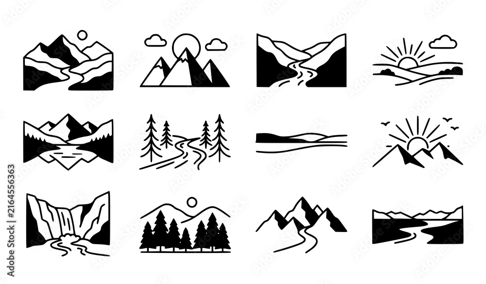 Fototapeta premium Minimal Mountain River and Sun Nature Landscape Icons Vector Set