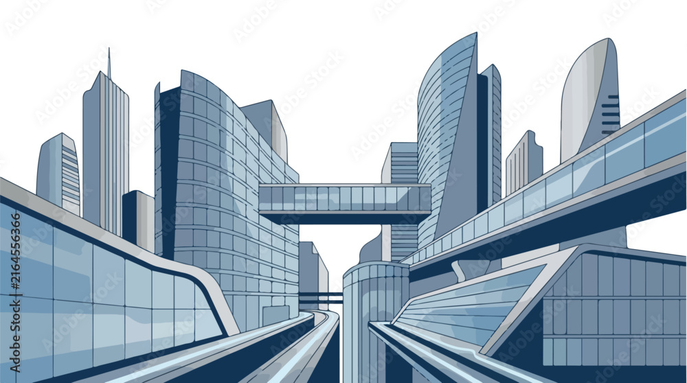 Naklejka premium Futuristic urban cityscape with glass skyscrapers and elevated walkways.